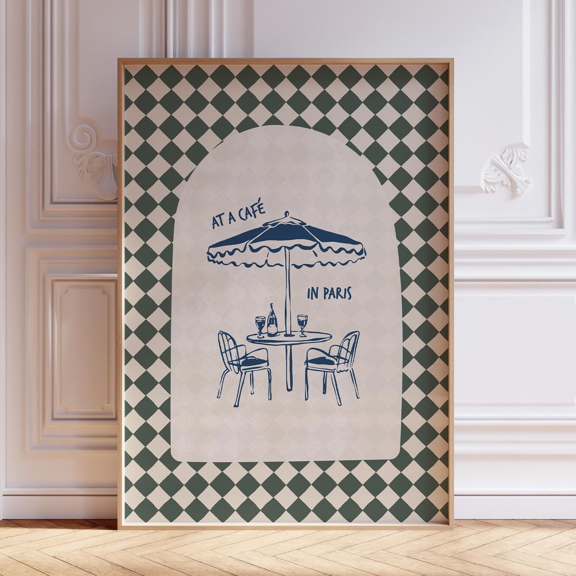 At A Cafe In Paris Green Checkered Bistro Illustration Poster - Image 2