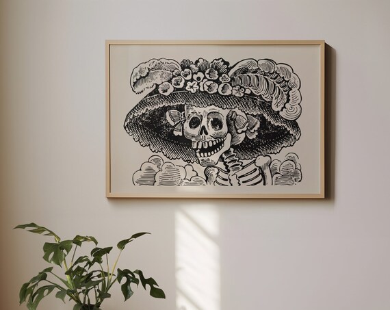 La Catrina Skull Flower Hat Vintage Line Art Halloween Wall Poster
