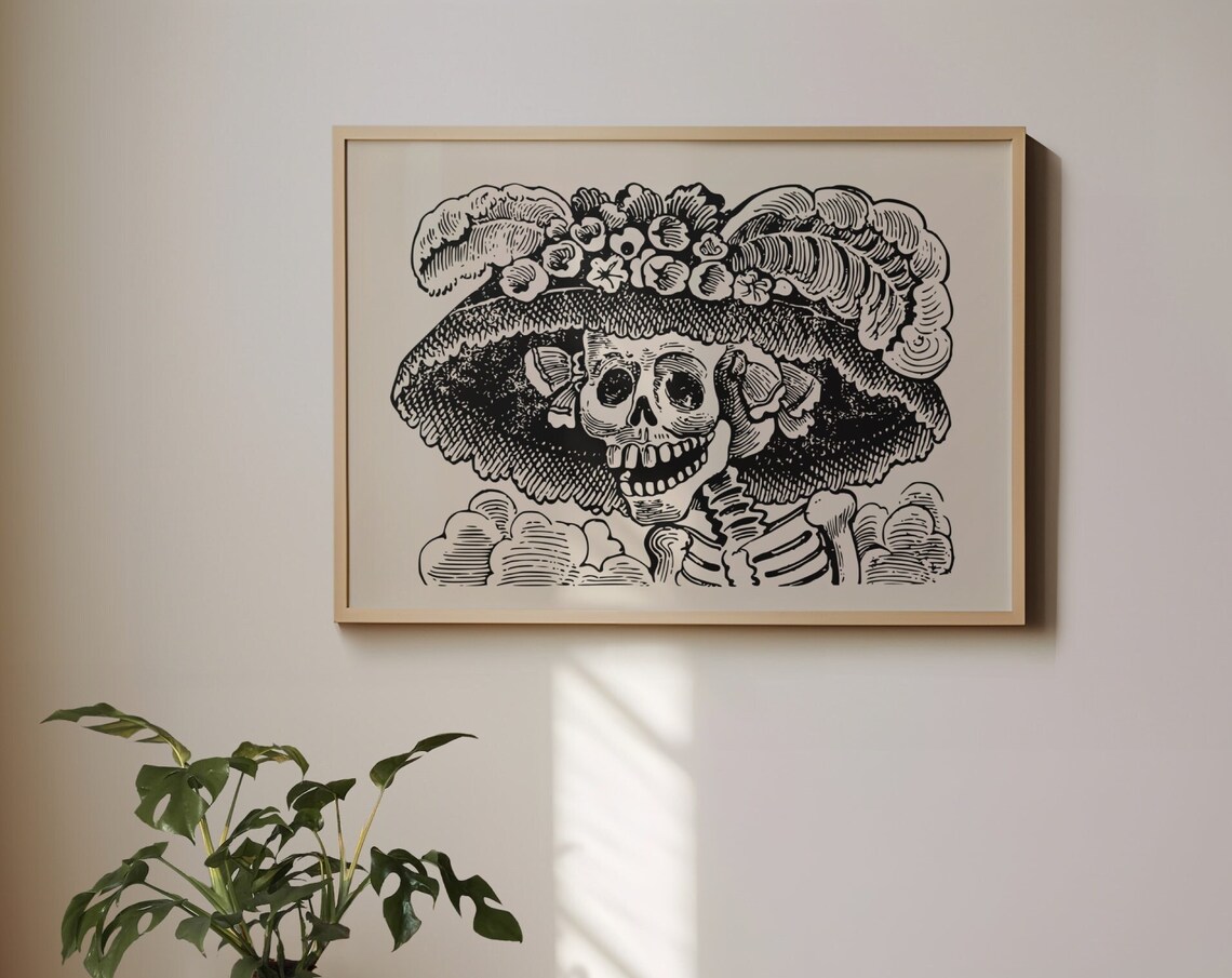 La Catrina Skull Flower Hat Vintage Line Art Halloween Wall Poster