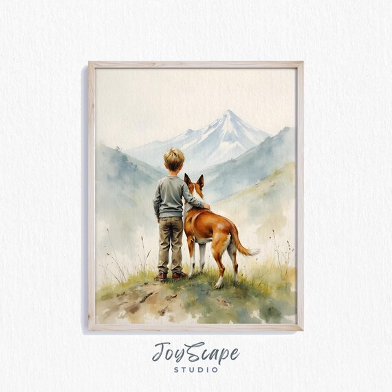 Australian Shepherd And Boy Kids Art Nursery Decor Dog Wall Child Room Print 710