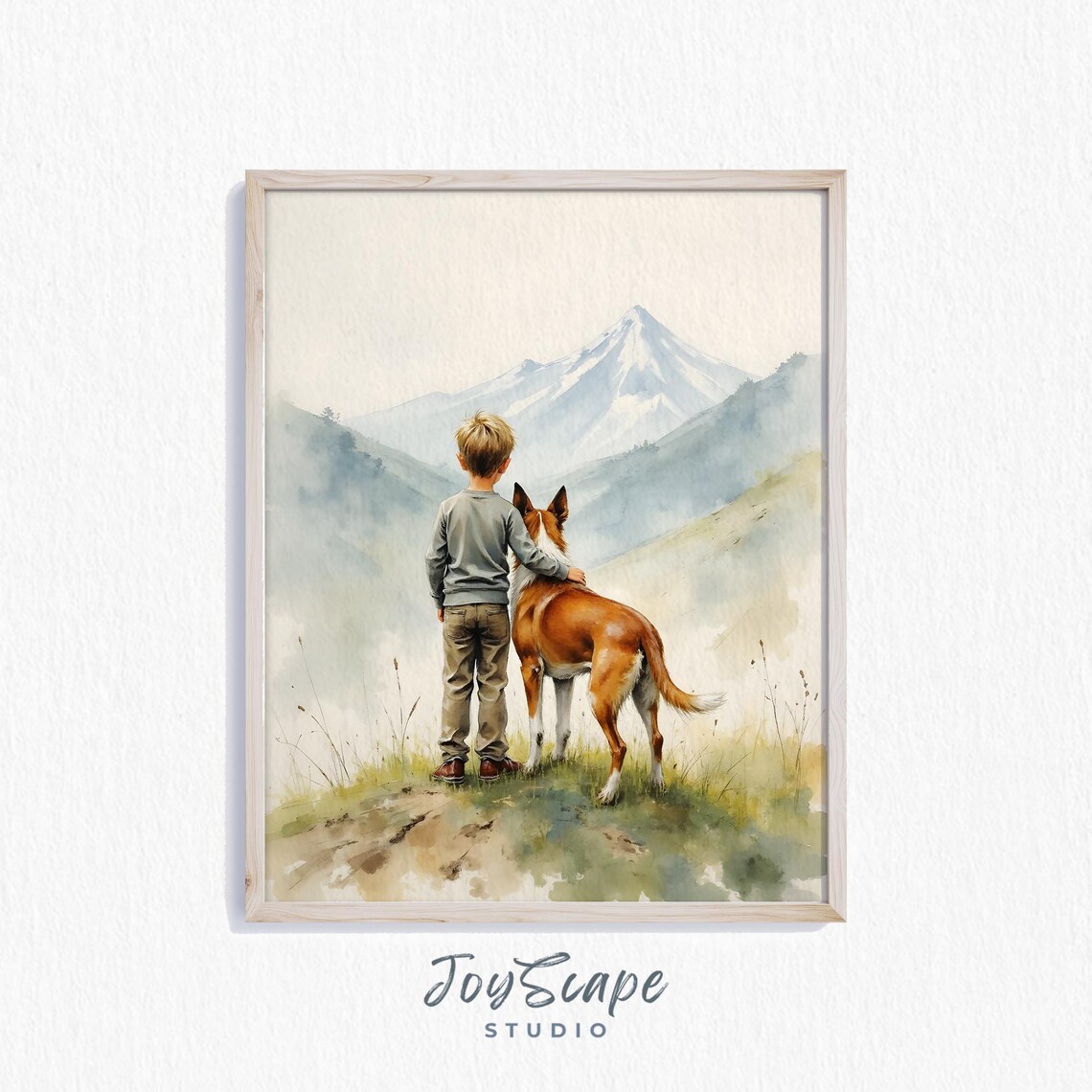 Boy and Australian Shepherd Gazing at Snowy Mountain Art Poster