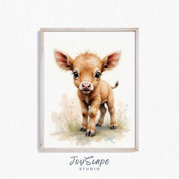 Baby Buffalo Calf Watercolor Nursery Wall Art Rustic Farmhouse Animal