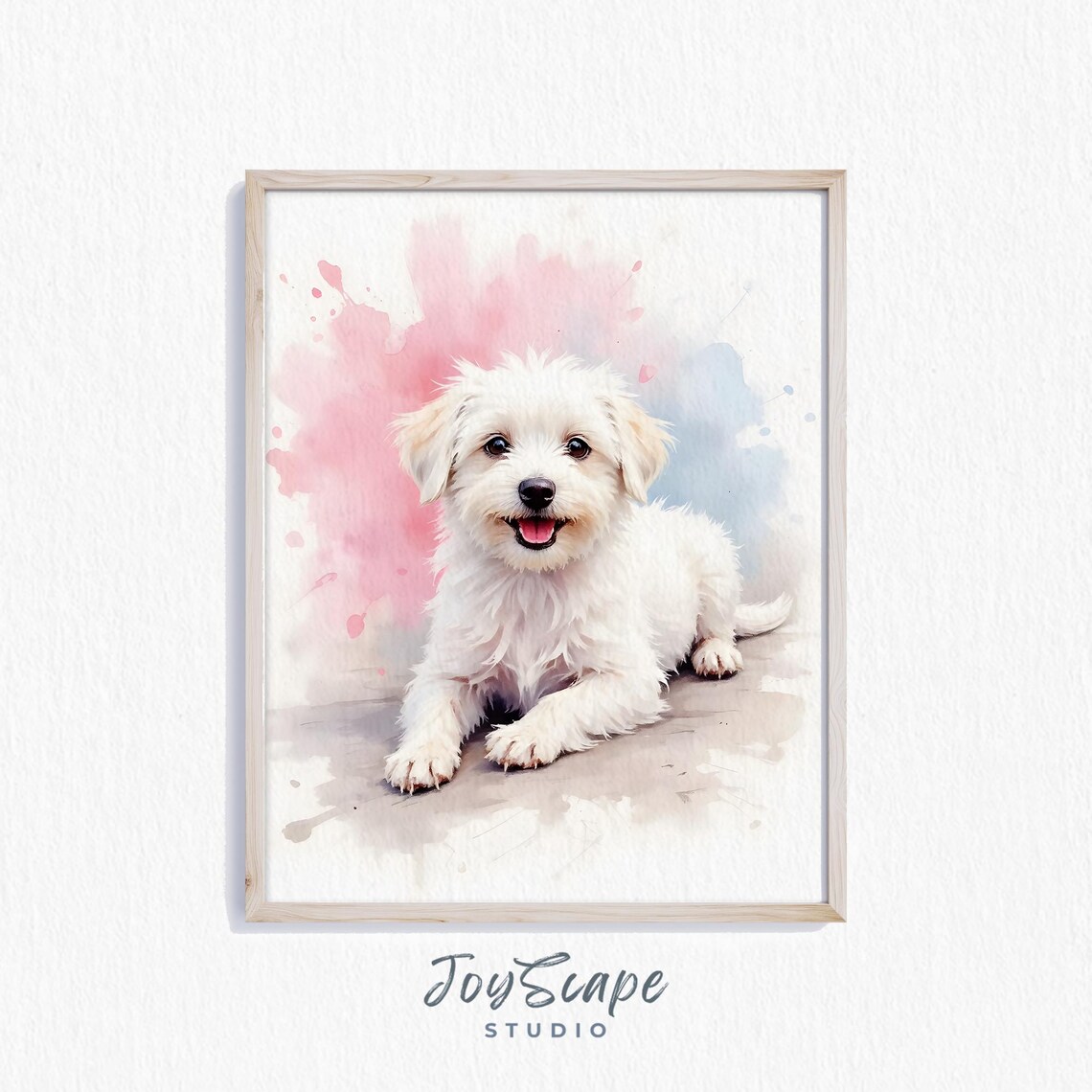 White Maltese Puppy Watercolor Portrait Pastel Nursery Wall Art