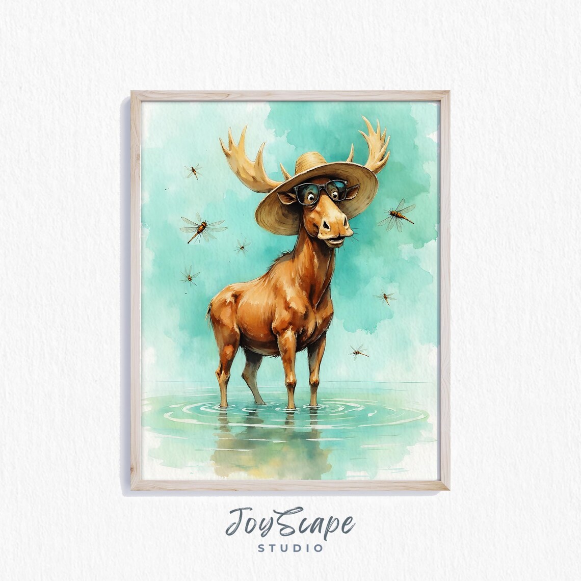 Funny Moose In Straw Hat Sunglasses Wading Water Watercolor Fun Poster