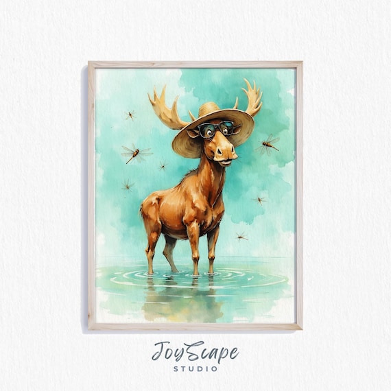 Funny Moose In Straw Hat Sunglasses Wading Water Watercolor Fun Poster
