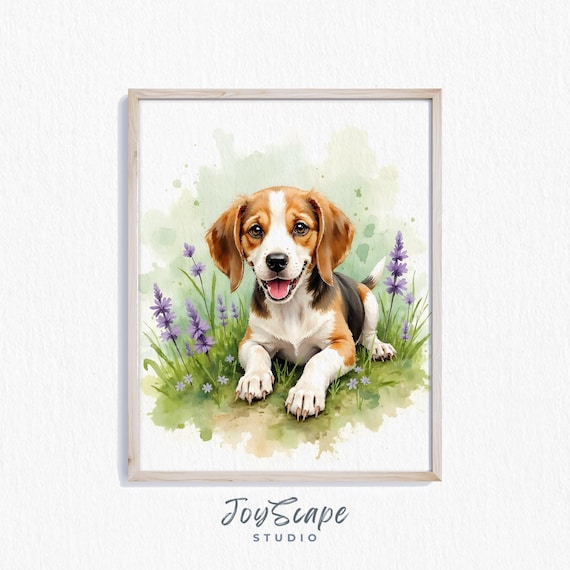 Beagle Puppy in Lavender Field Watercolor Nursery Portrait Poster