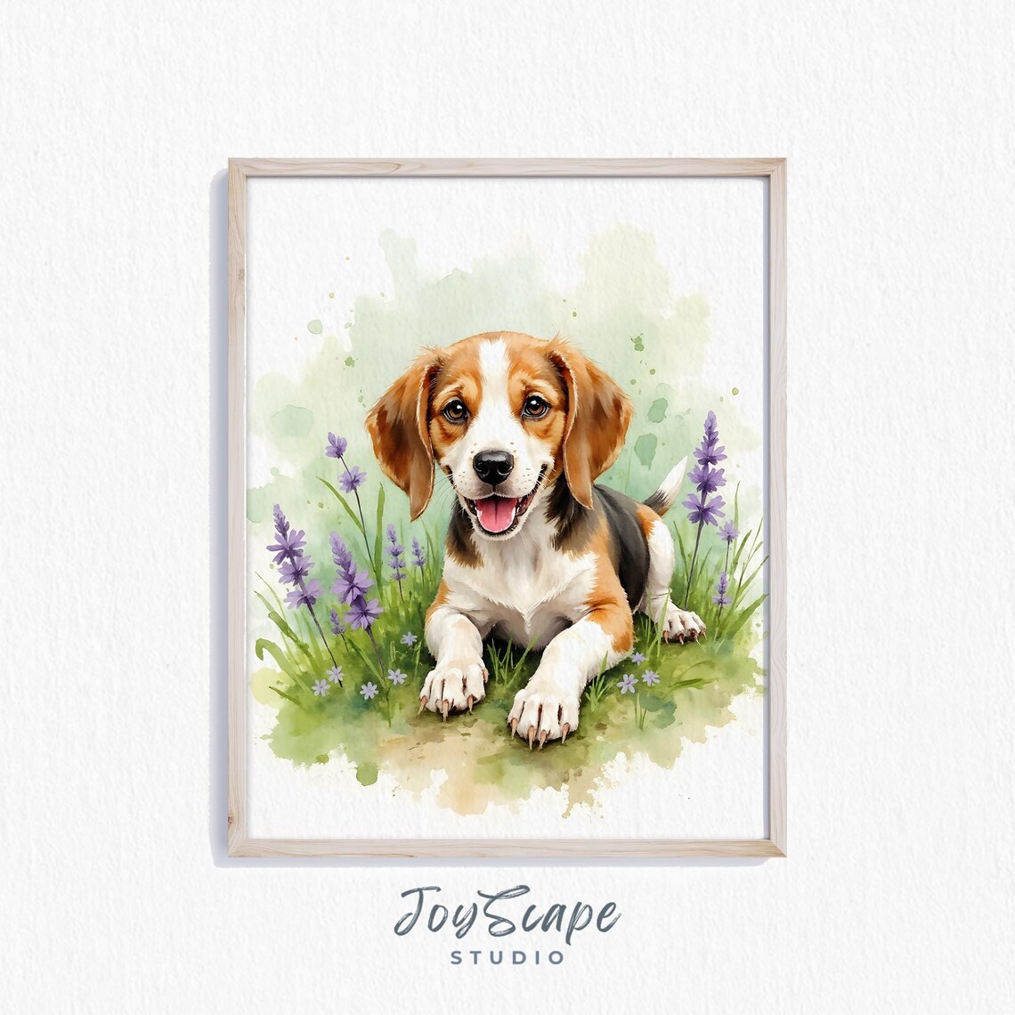 Beagle Puppy in Lavender Field Watercolor Nursery Portrait Poster