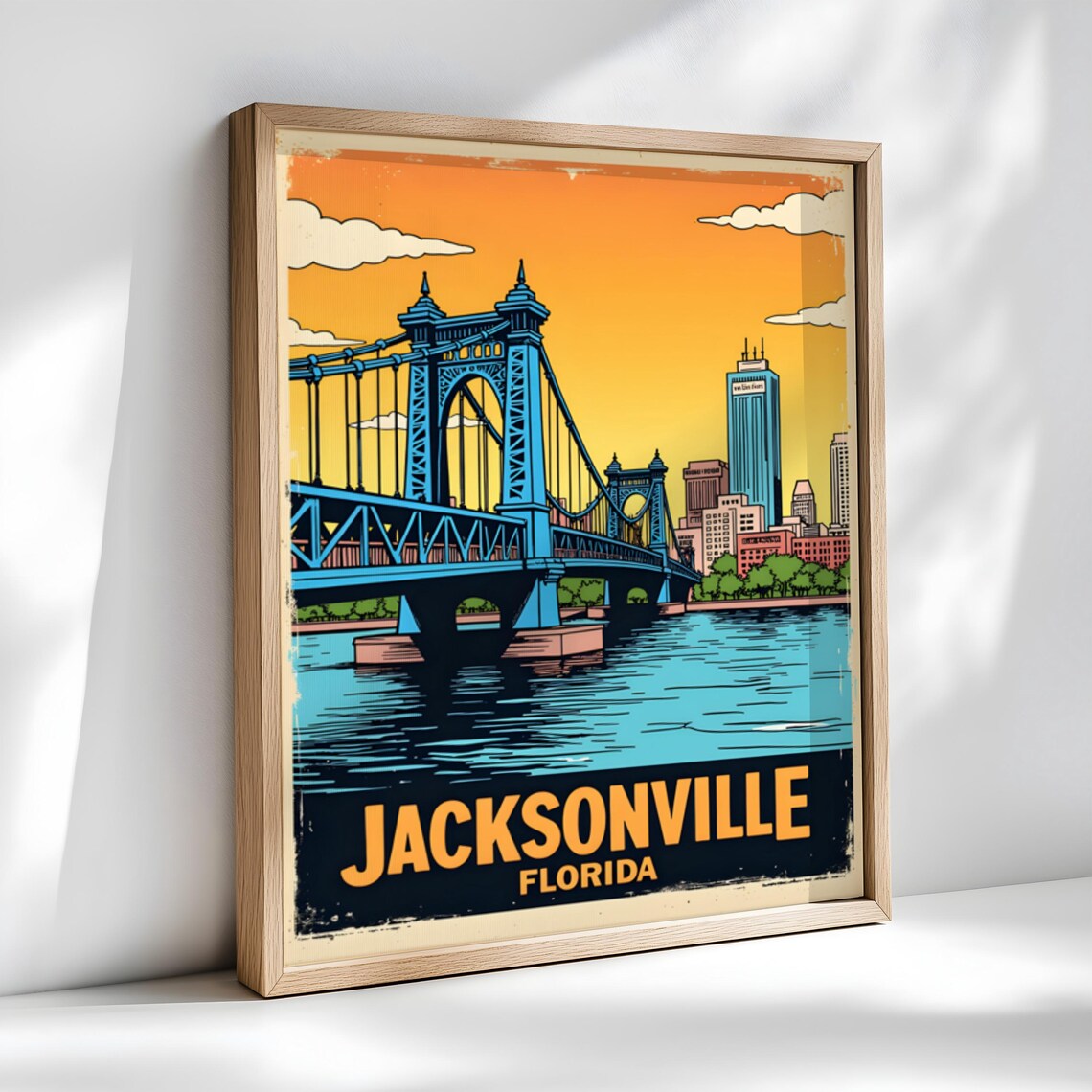 Jacksonville Florida Retro Travel Poster Blue Bridge Skyline