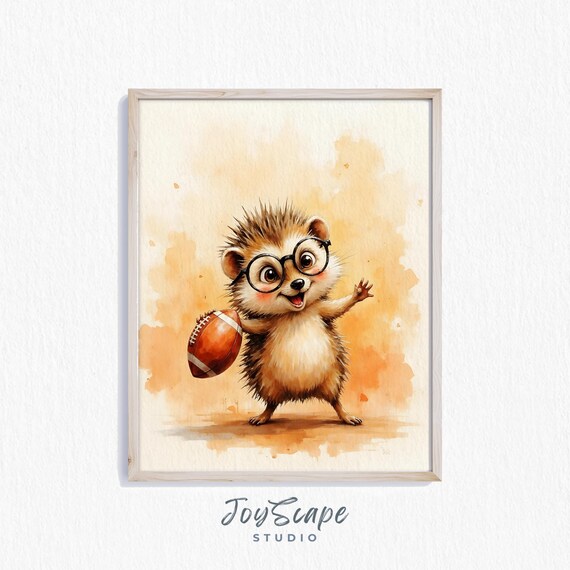 Adorable Hedgehog in Glasses Holding a Football Watercolor Nursery Poster