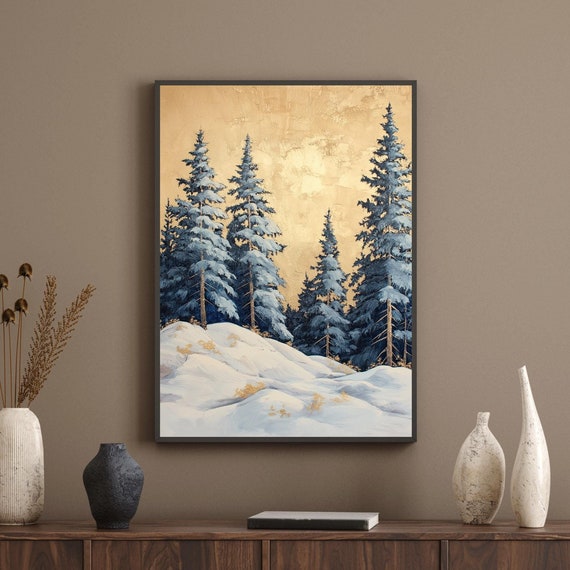 Snowy Forest Gold Foil Wall Art Winter Landscape Acrylic Painting Elegant Holiday Decor For Home Or Office
