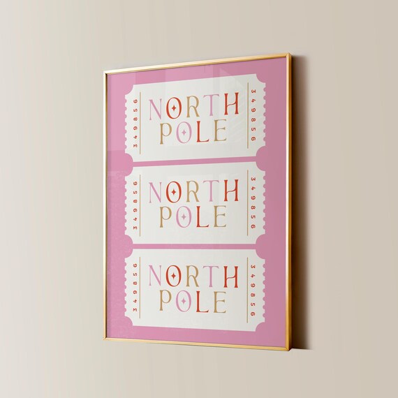 North Pole Ticket Pink Christmas Retro Holiday Triple Stub Poster