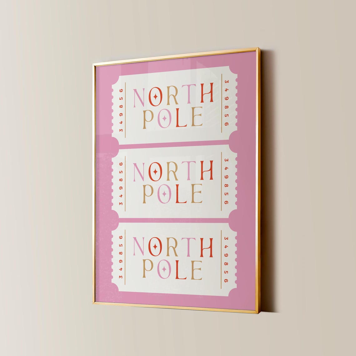 North Pole Ticket Pink Christmas Retro Holiday Triple Stub Poster