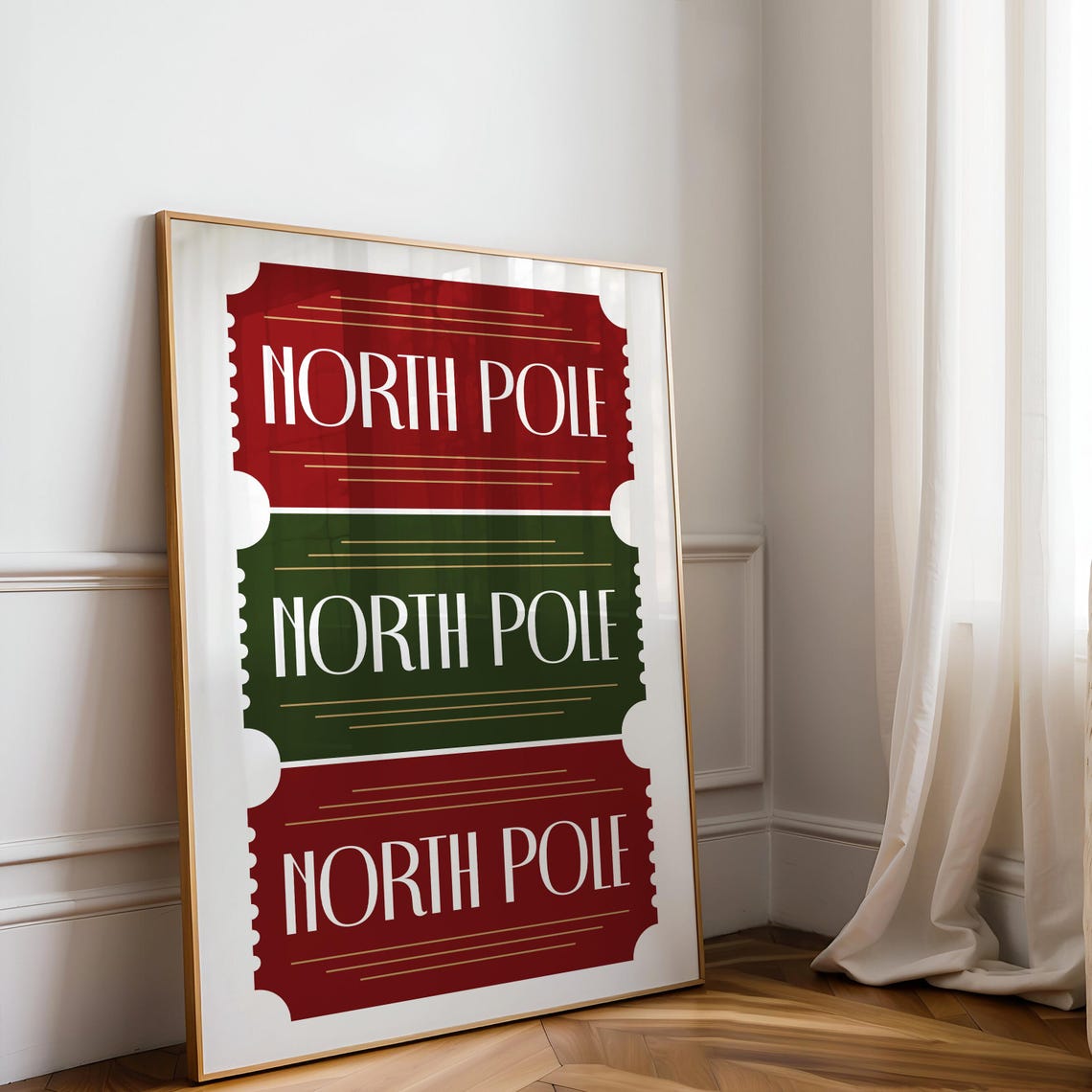 North Pole Ticket Burgundy Green Classic Christmas Stub Trio Poster - Image 2