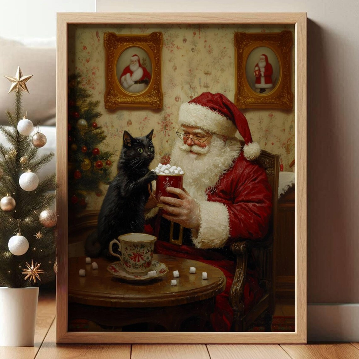 Santa Claus and Black Cat Christmas Art Print