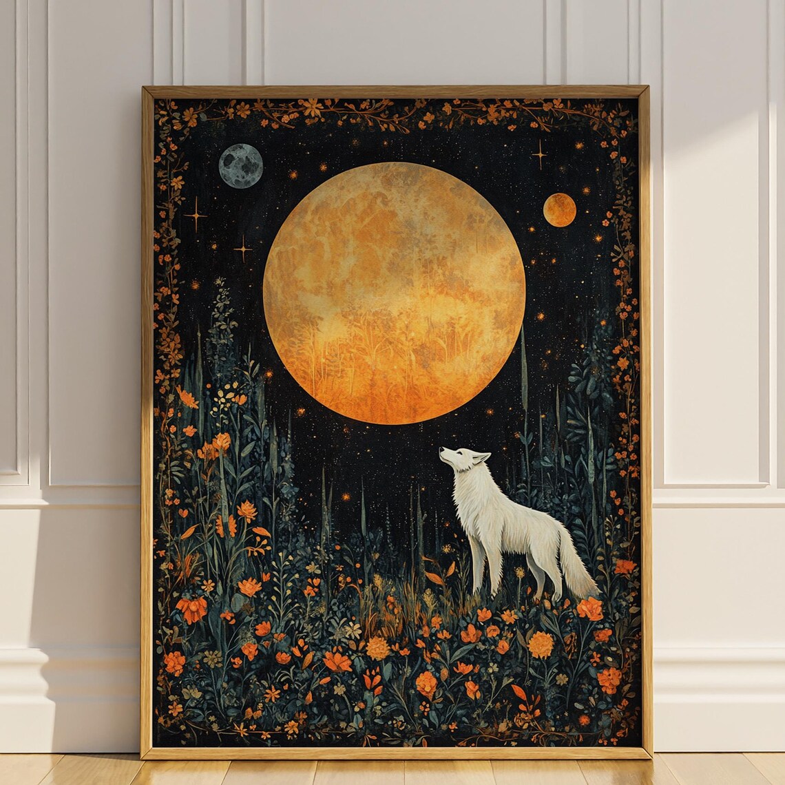 White Wolf Full Moon Celestial Art Deco Poster
