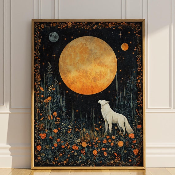 White Wolf Full Moon Celestial Art Deco Poster