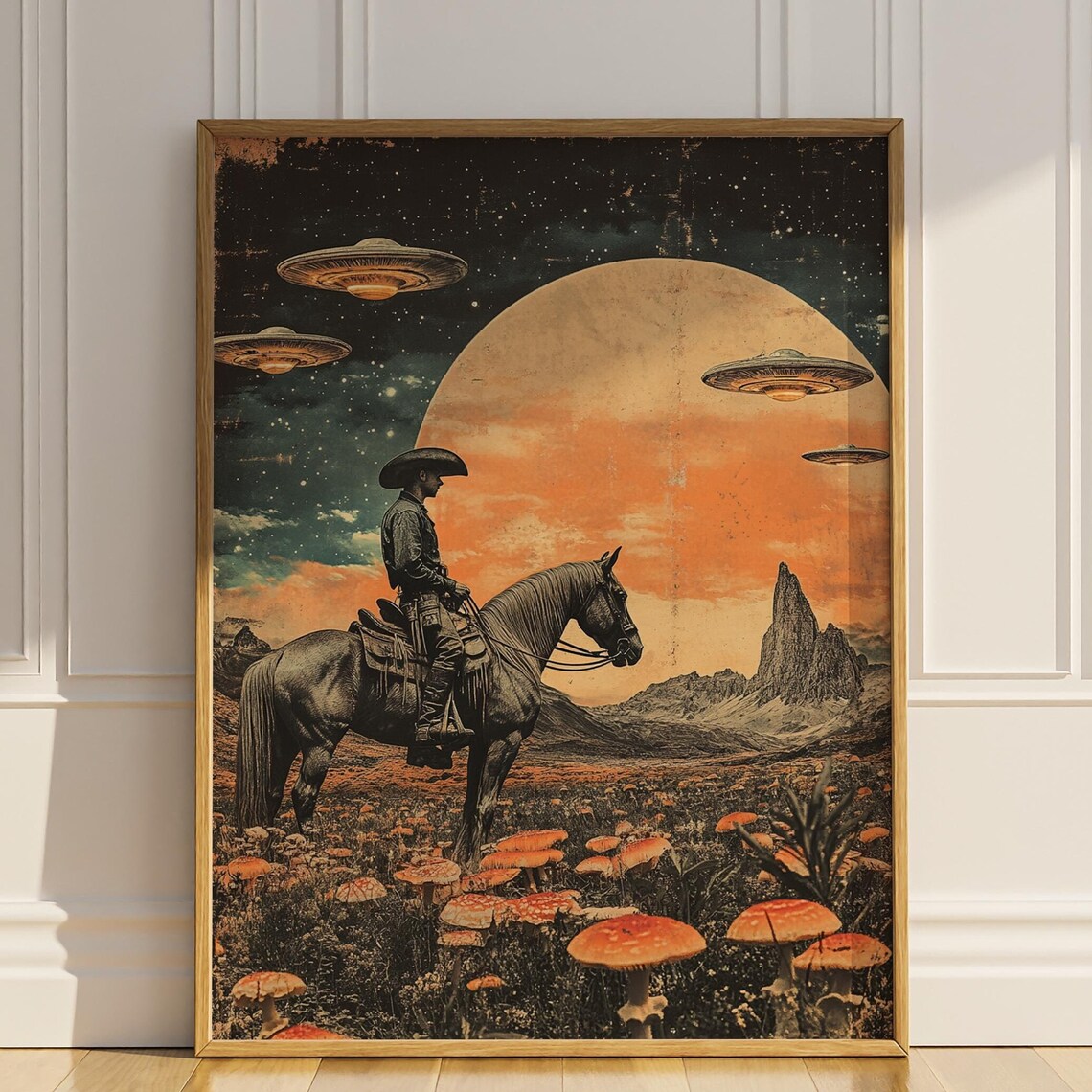 Cowboy Riding Horse In Mushroom Field Pothead Poster Print Vintage Collage Enchanting Ufo Trippy Wall Art Western Weed Decor Matte Poster