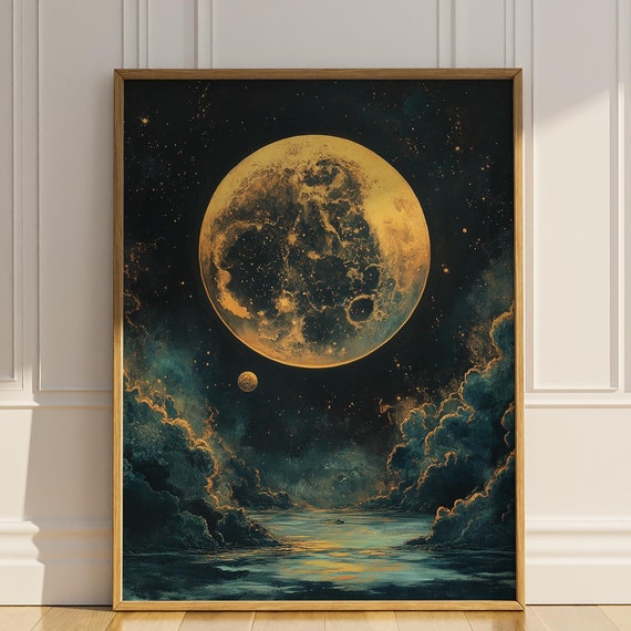 Full Moon Moody Oil Painting Wall Art Celestial Enchanting Vintage Wall Decor Dark Ocean Night Sky Clouds Gift