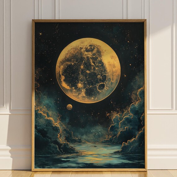 Huge Golden Full Moon Over Misty Night River Starry Sky Wall Art