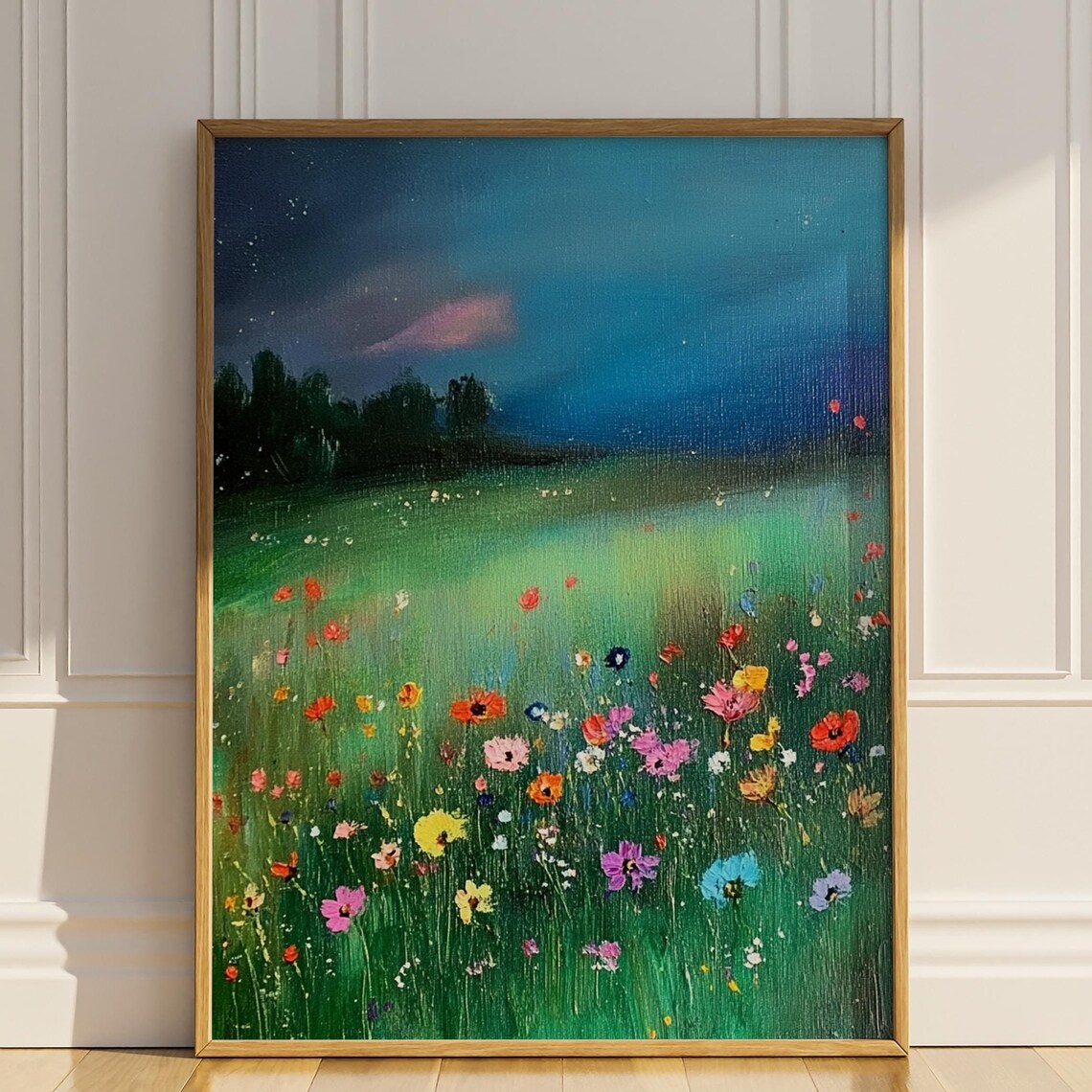 Moonlit Wildflower Meadow Night Sky Teal Vintage Oil Painting Poster