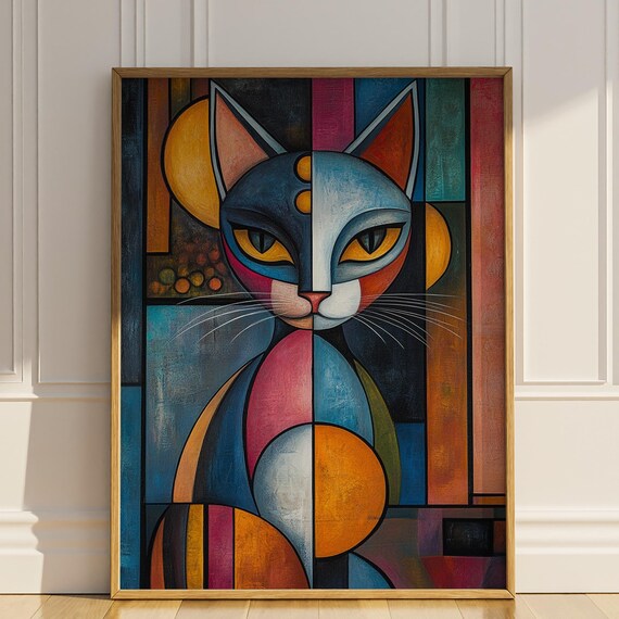 Bold Cubist Cat Face Portrait Blue Orange Pink Modern Art Poster