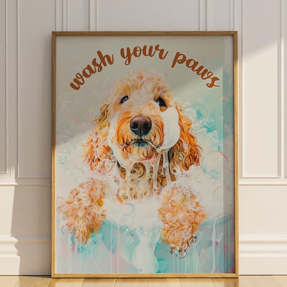 Wash Your Paws Bathroom Poster Print Funny Goldendoodle Wall Decor Vintage Doodle Dog Mom Gift Bathtub Toilet Wall Art Sign Matte Poster