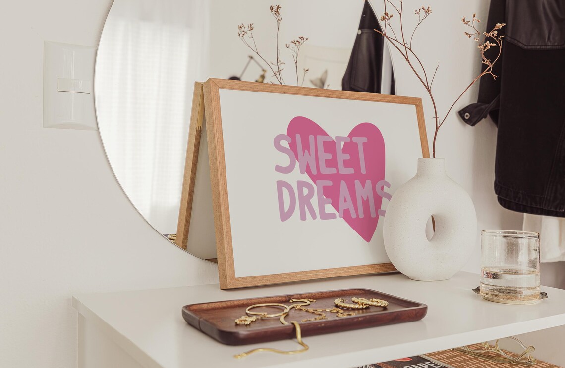 Sweet Dreams Pink Heart Typography Quote for Nursery Bedroom Wall Poster