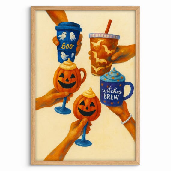 Cheers Print Pumpkin Drink Wall Art Boo Cup Witches Brew Poster Festive Bar Cart Decor Trendy