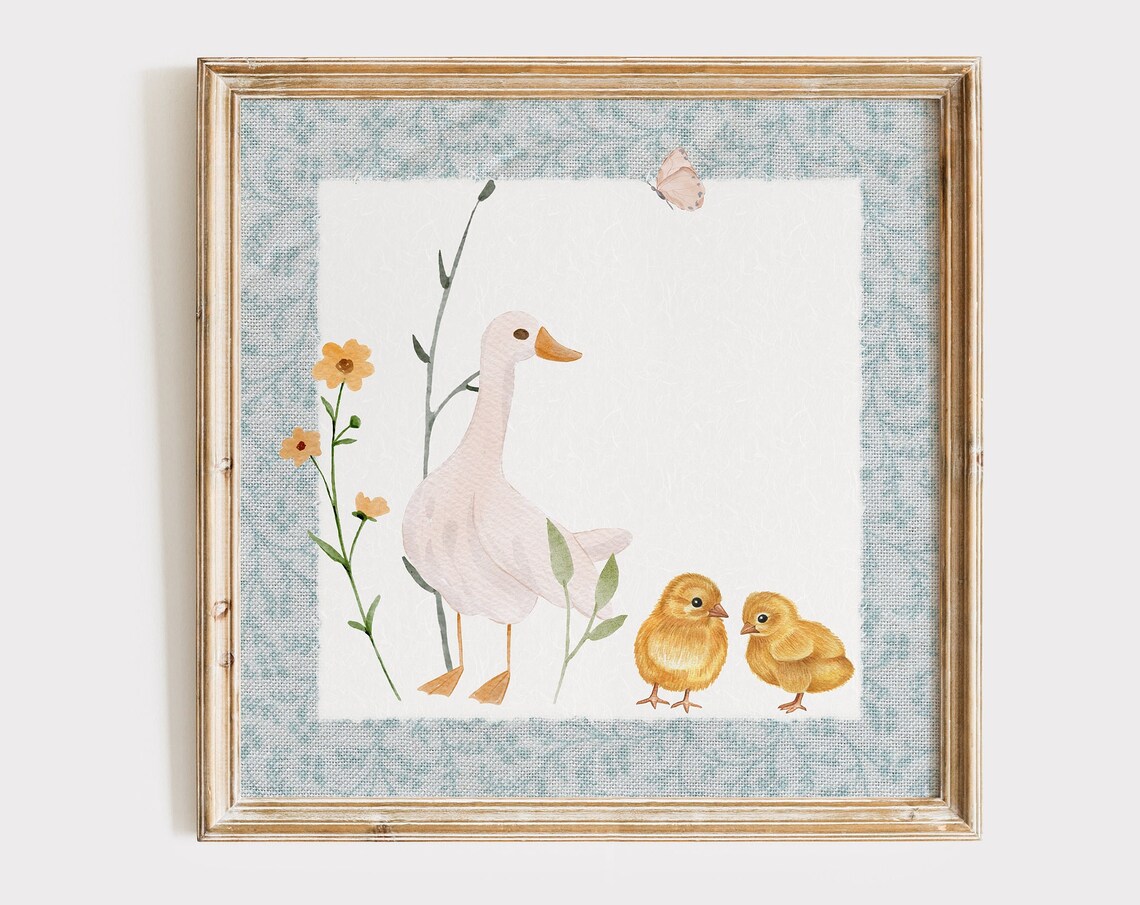 White Mother Duck With Yellow Chicks Watercolor Nursery Poster