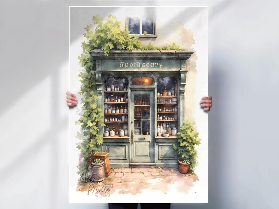 Old Apothecary Shop Watercolour Style Art Print