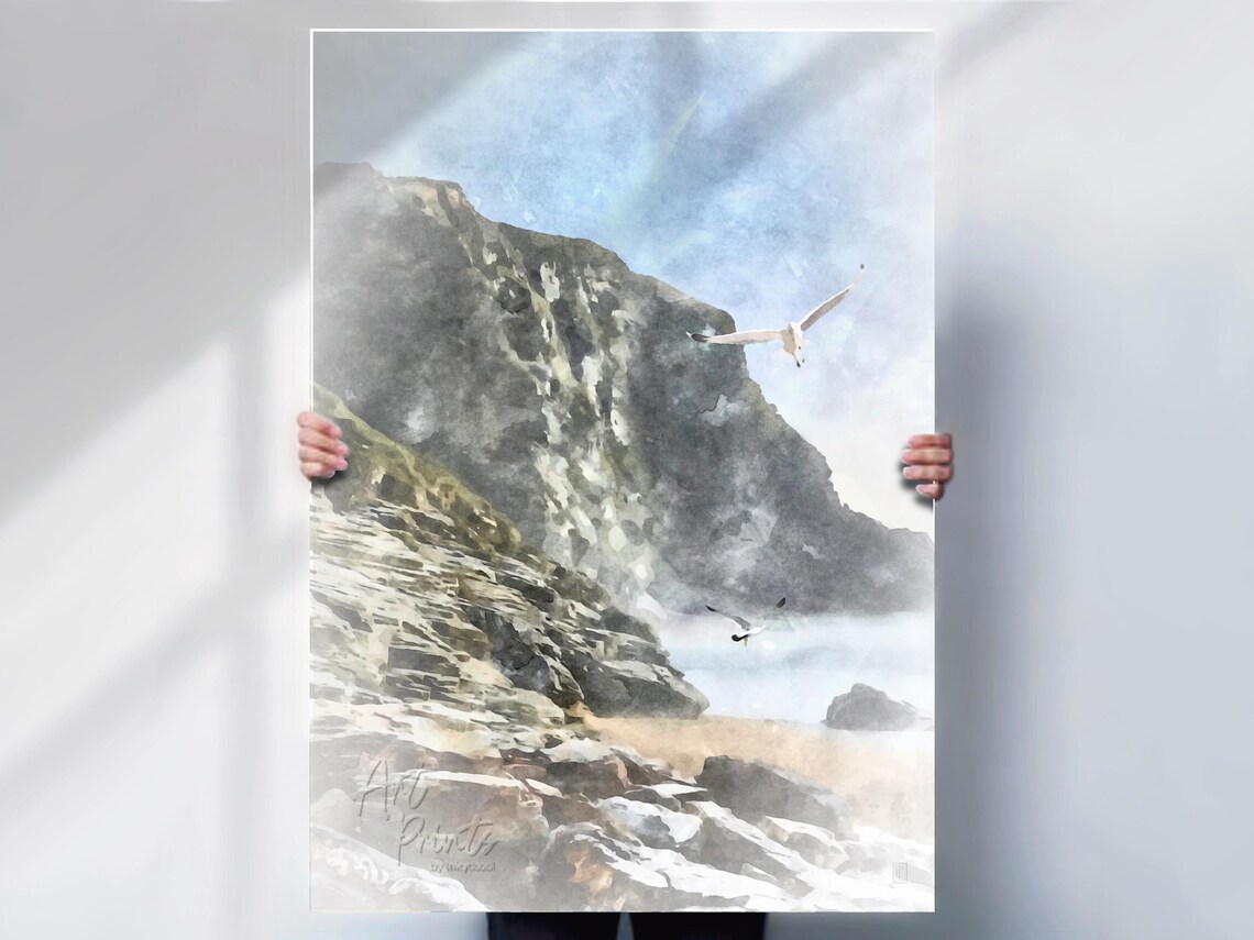 Watergate Bay Watercolour Style Travel Poster, Cornwall
