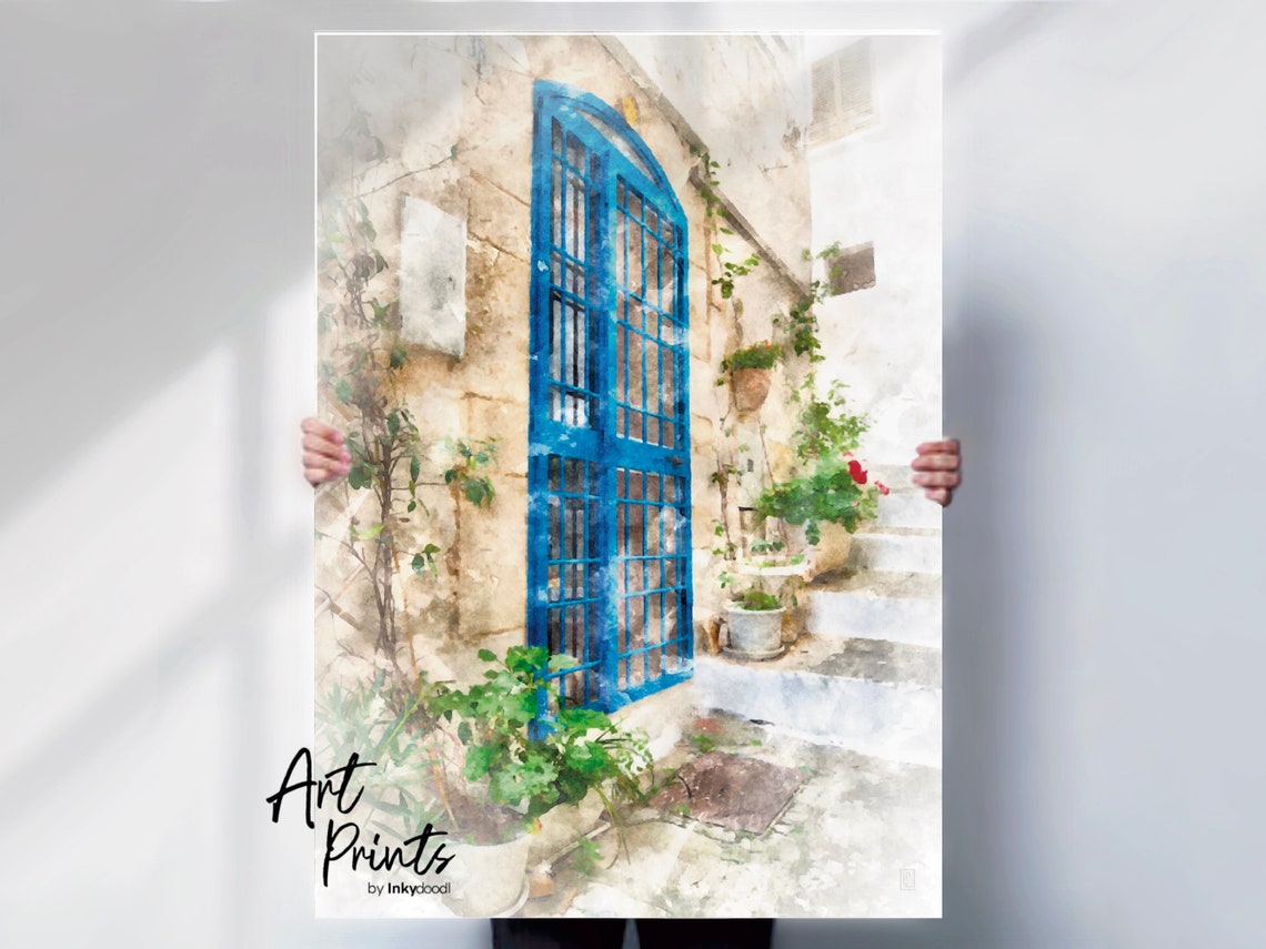 Traditional Blue Greek Door Old Town Watercolor Mediterranean Poster