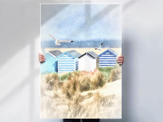 Beach Huts Seagulls Striped Blue Huts Sand Dunes Coastal Poster