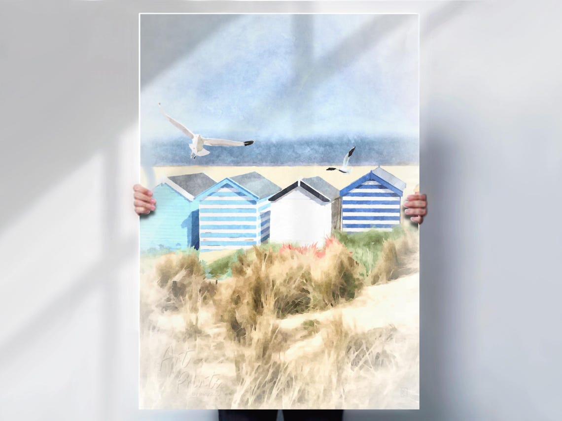 Beach Huts Seagulls Striped Blue Huts Sand Dunes Coastal Poster