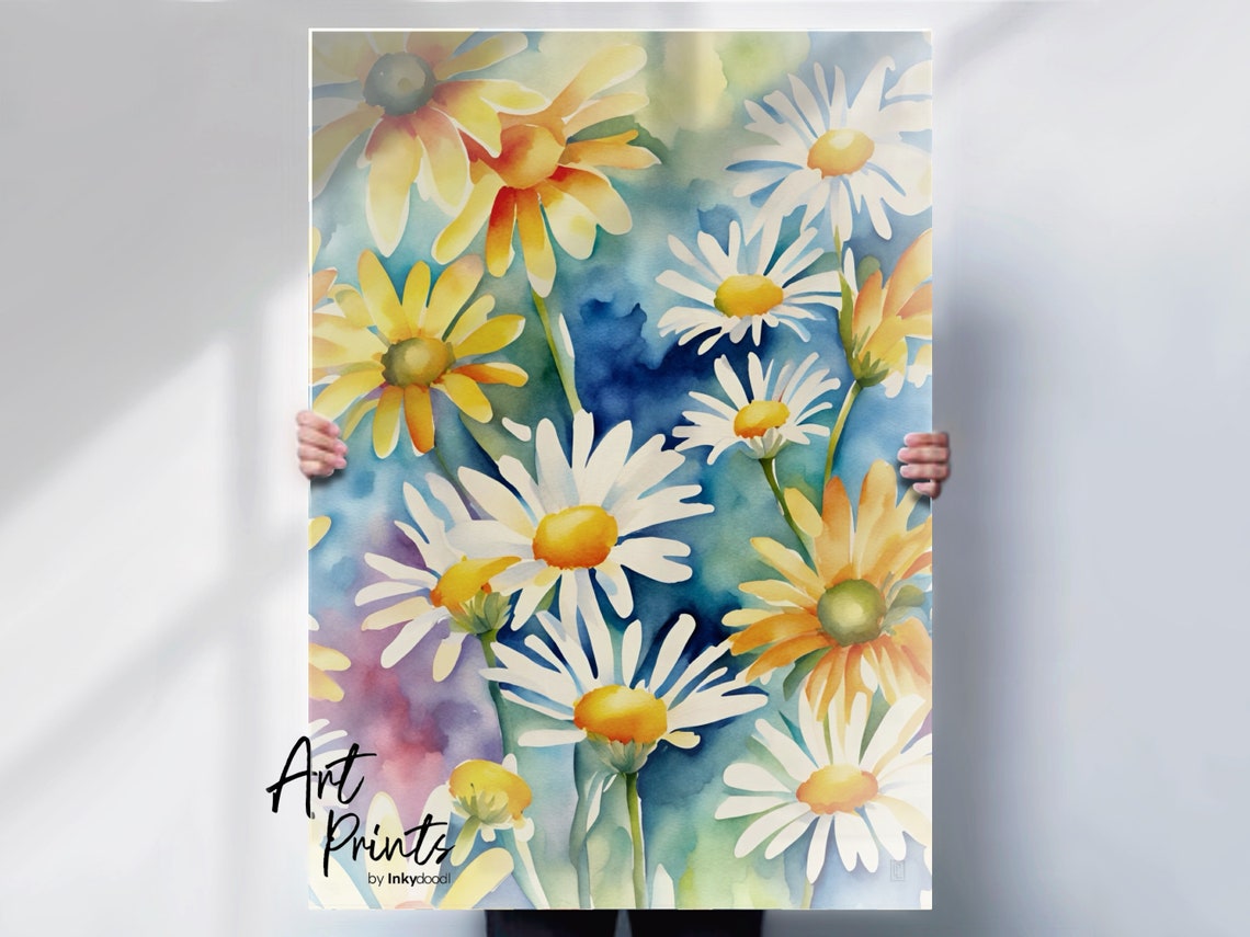 White And Yellow Daisies Bright Watercolor Meadow Floral Field Poster