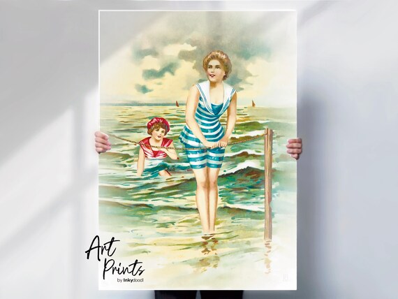 Edwardian Bathing Beauty Striped Swimsuit Vintage Seaside Postcard Poster