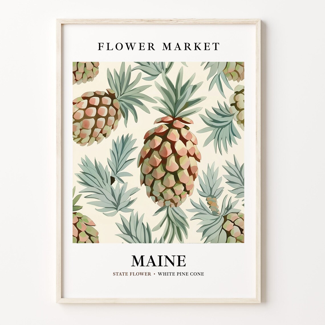 Maine State Flower White Pine Cone, Botanical Art Print