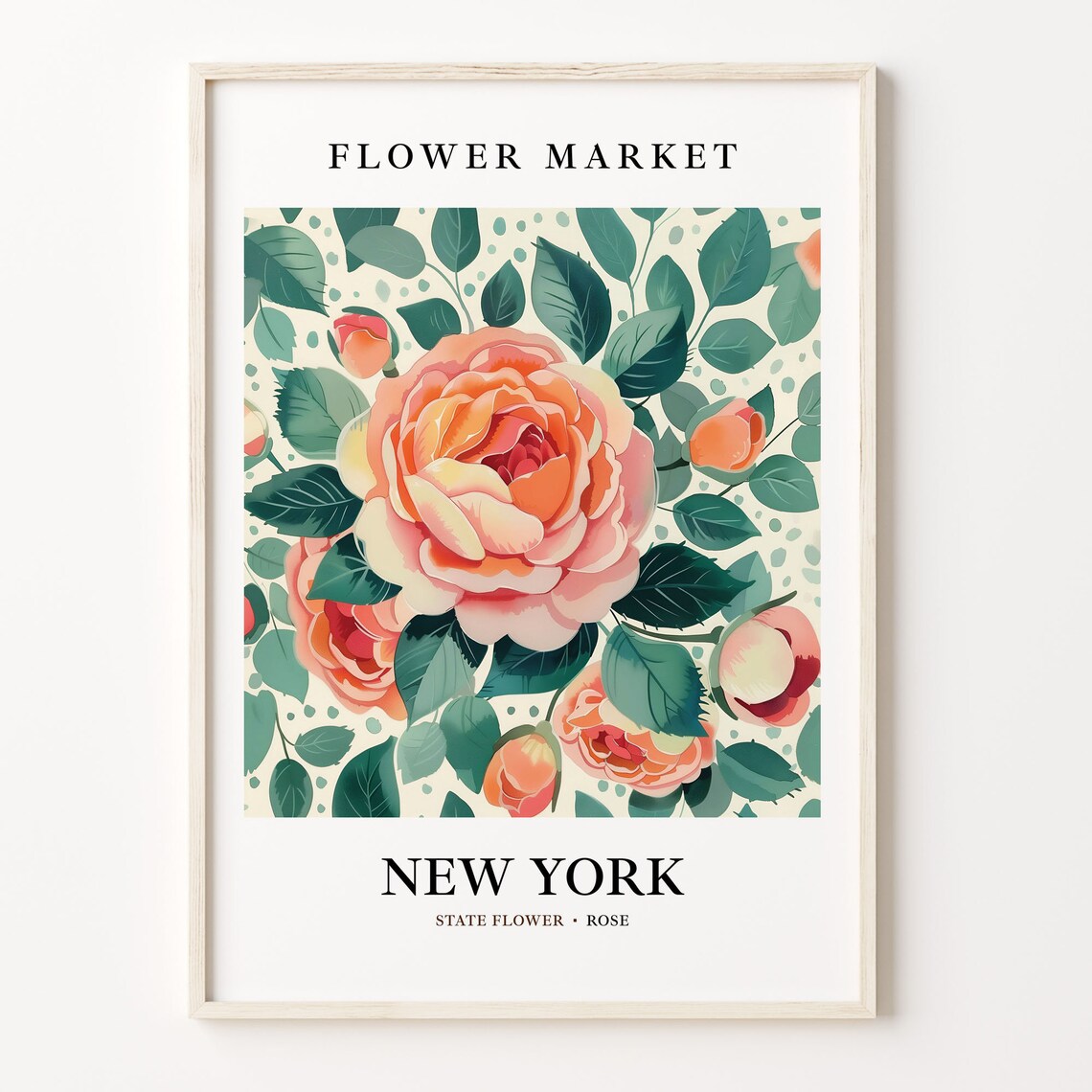 New York State Flower Print, 1960s Rose Art