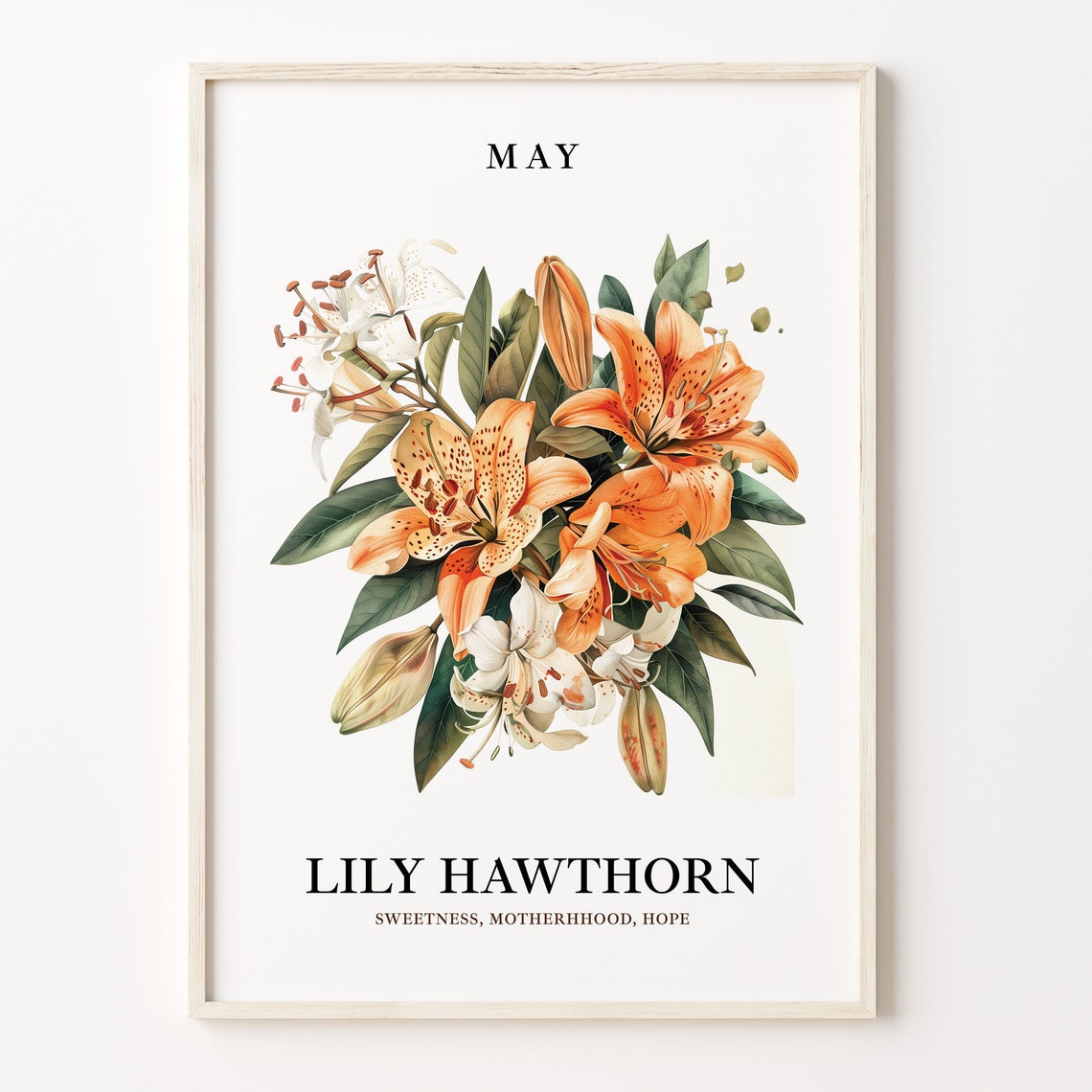 May Birth Month Lily Hawthorn Vintage Botanical Flower Poster