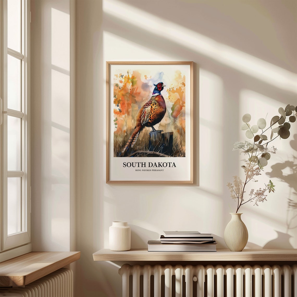 South Dakota Ring Necked Pheasant Prairie Watercolor Bird Art Poster - Image 3