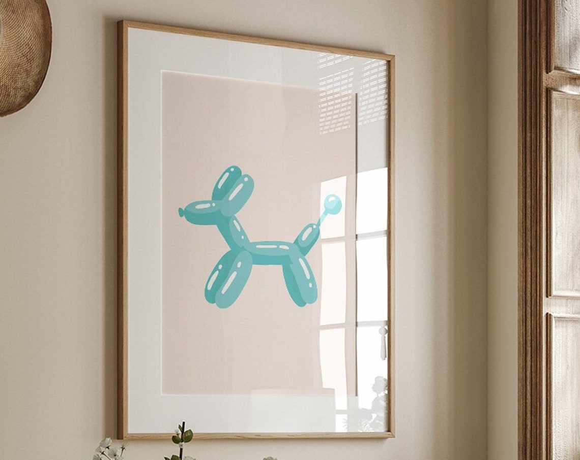 Teal Balloon Dog Minimalist Blush Background Modern Playful Art Print