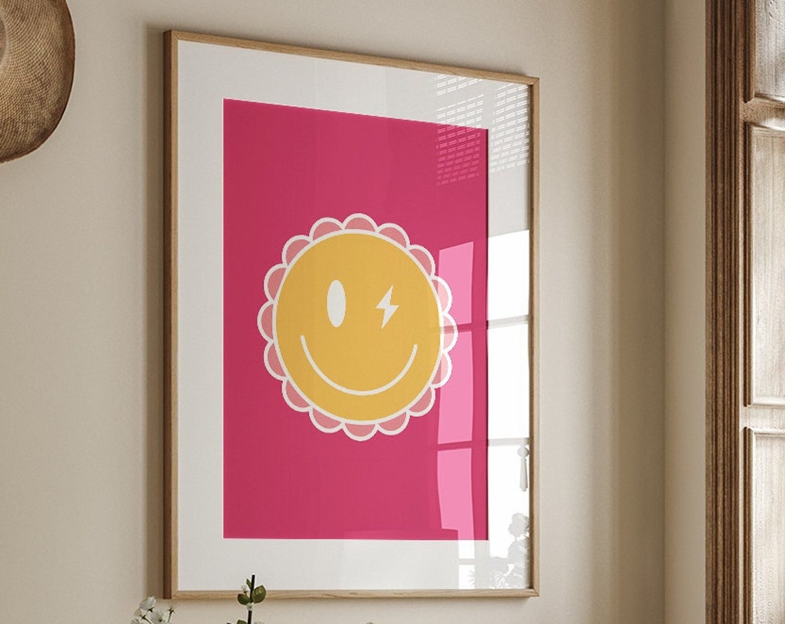 Pink And Yellow Winking Smiley Face Preppy Groovy Dorm Room Poster