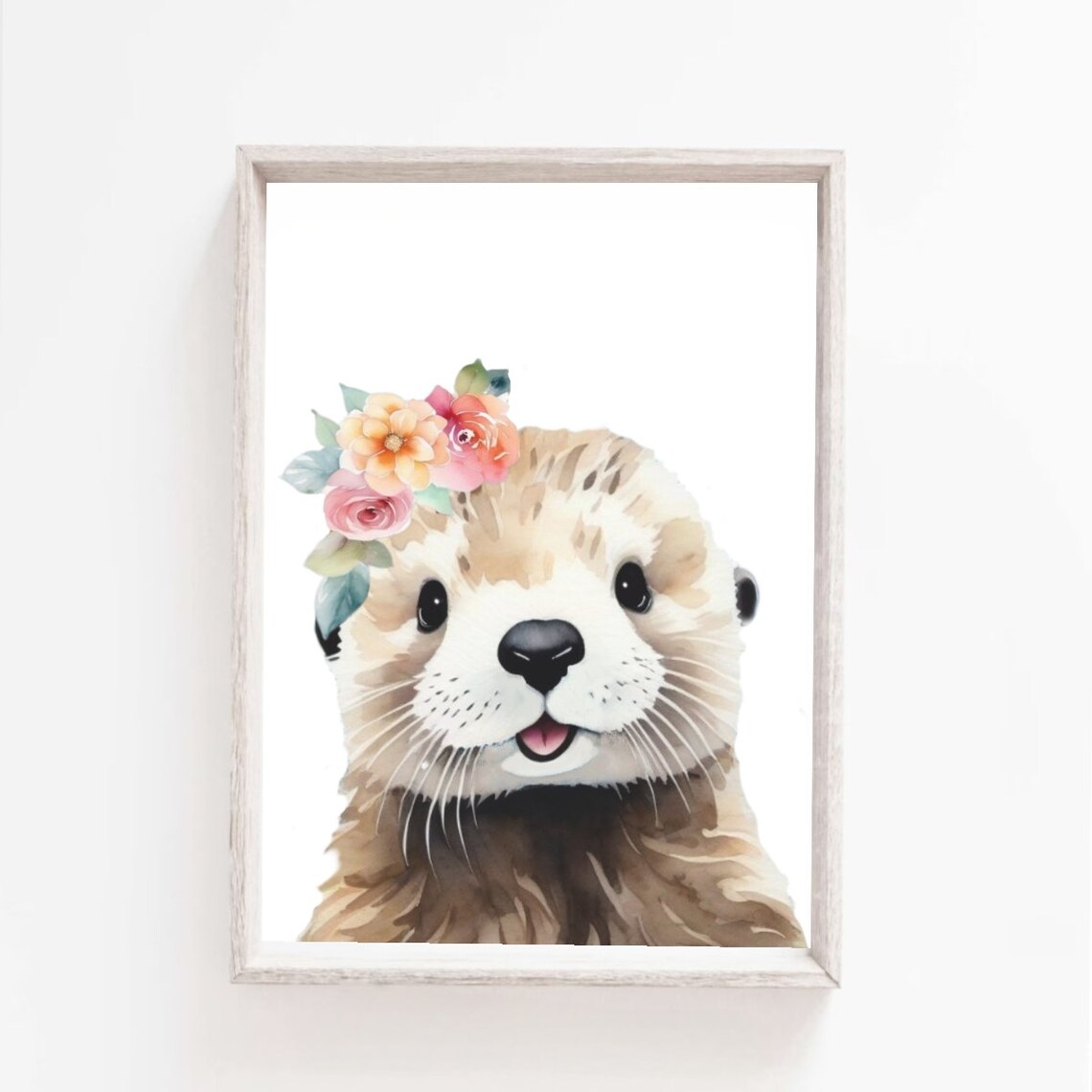 Cute Otter Face With Flower Crown Watercolor Sea Animal Nursery Kids Poster
