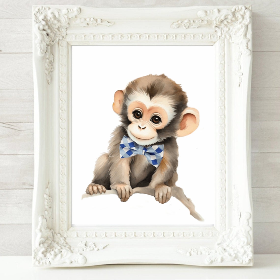 Baby Monkey With Blue Checkered Bow Tie Watercolor Nursery Poster - Image 2