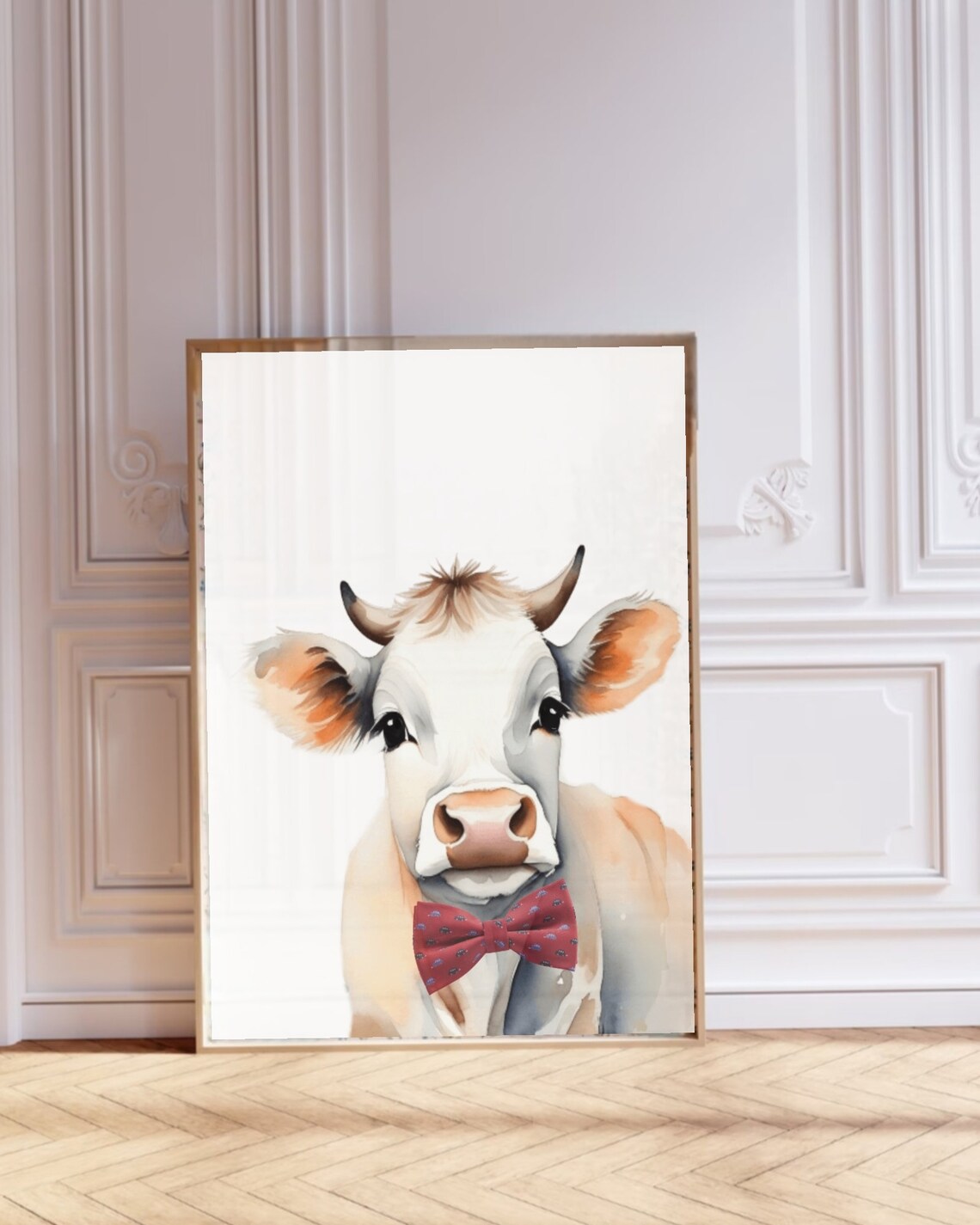 Baby Cow Wearing Red Bow Tie Watercolor Farm Nursery Animal Art Poster - Image 2