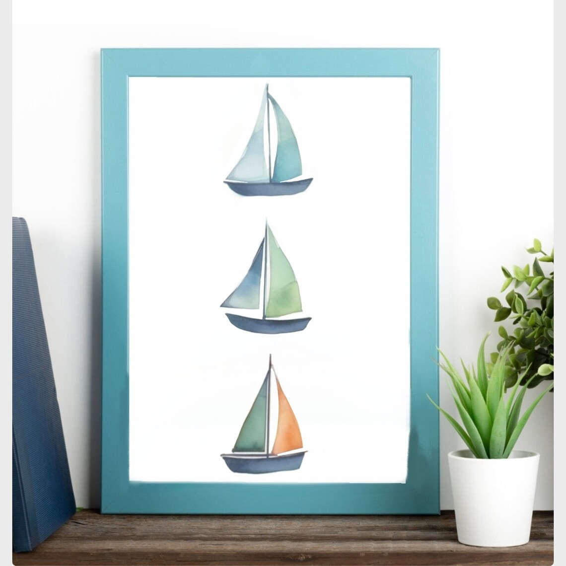 Three Watercolor Sailboats Coastal Nursery Nautical Kids Wall Poster