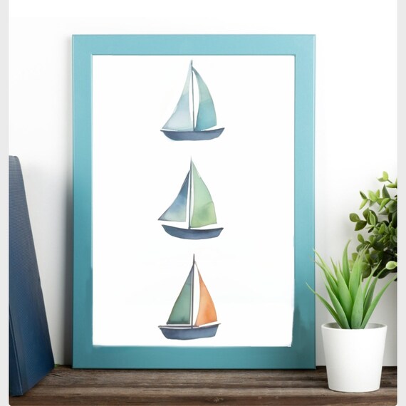 Three Watercolor Sailboats Coastal Nursery Nautical Kids Wall Poster