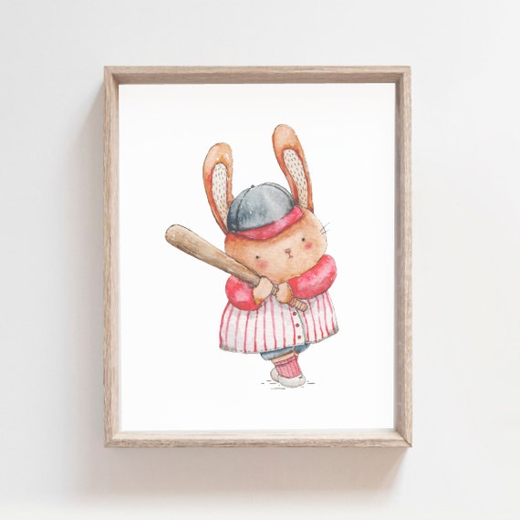 Baseball Print Sport Nursery Sport Animals Baseball Artwork Baseball Wall Art Children Room Decor Watecolor Wall Print Bunny