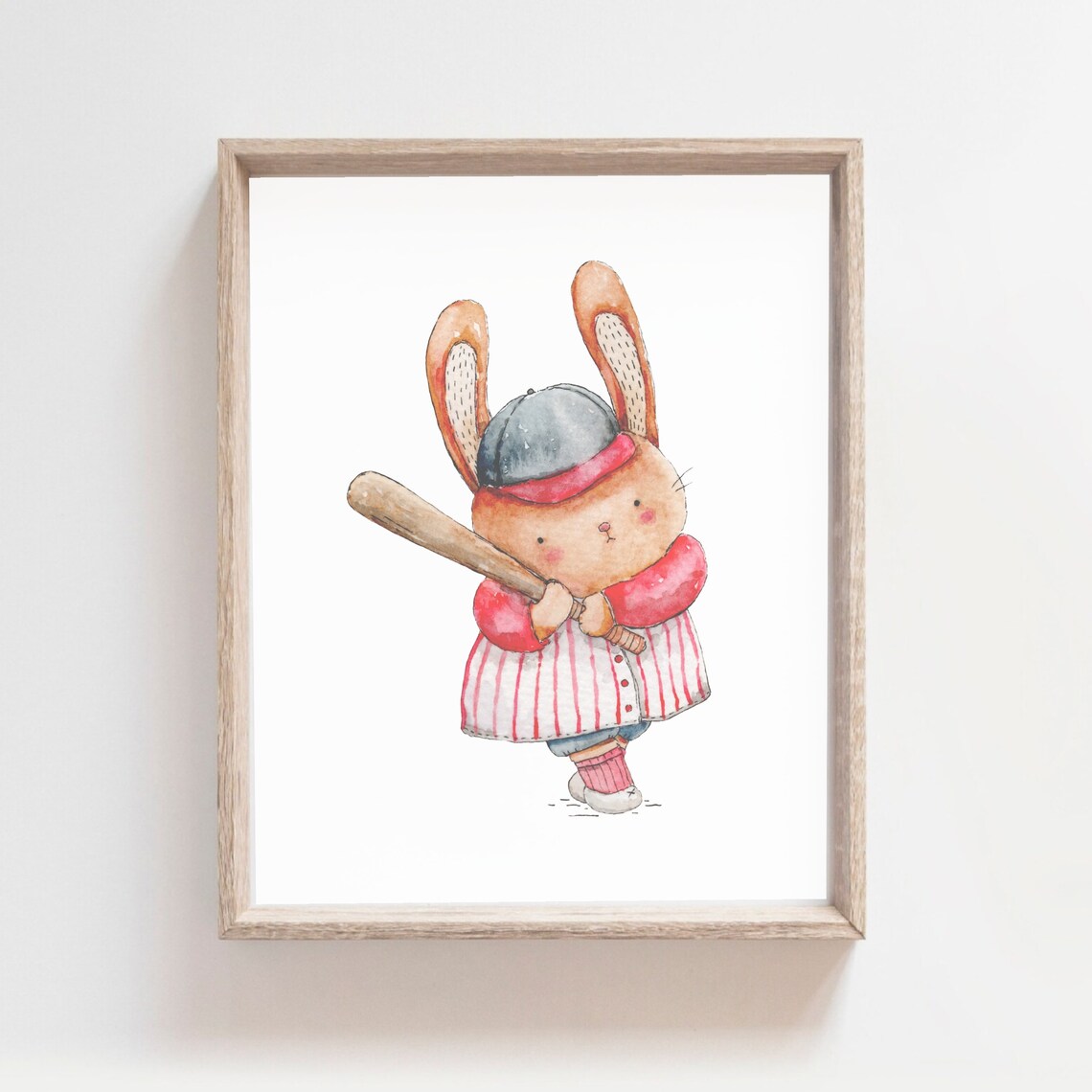 Watercolor Bunny Batter Baseball Uniform Kids Sports Nursery Poster