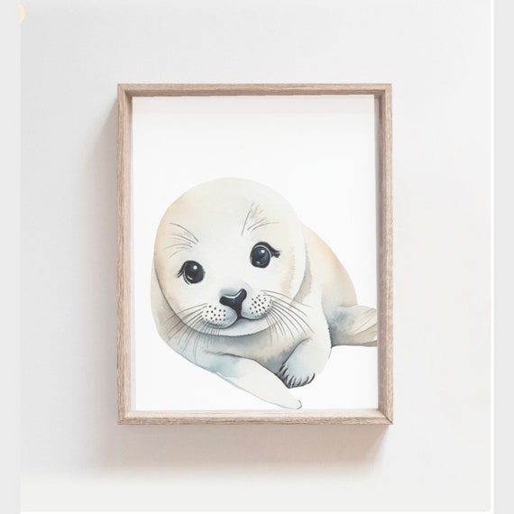 Seal Pup Art White Nursery Decor Baby Animal Print Arctic Nursery Baby Seal Watercolor White Seal Baby Seal Poster Nursery Wall Art